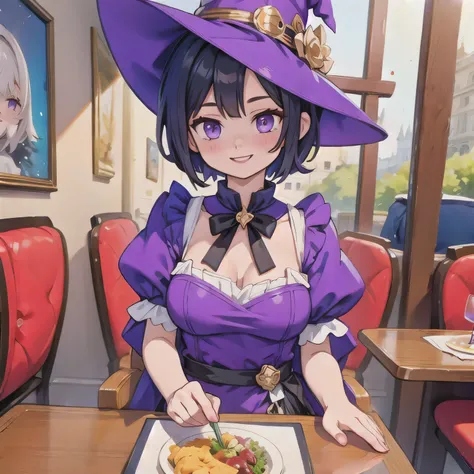 beautiful witch, short black hair, purple eyes, Large bust, Dressed in witch clothes, Smiling while sitting in a bistro, actual, Full HD, best quality