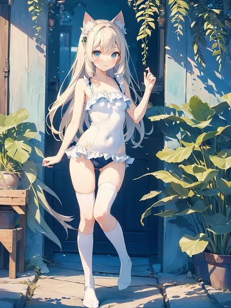 ((Two-dimensional beautiful girl、highest quality、perfect finger 1.5、perfect anatomy 1.5、Very delicate and beautiful illustration))、(blur the background：1.2、cute  girl、(conversion sequence)、((ruffled swimsuit))、14 years、slender beautiful girl、fractal art、ba...