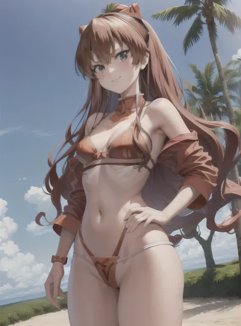 Asuka Langley Soryu, Evangelion, ((Asuka　Langley:1.5)), 赤いhair ornaments, beach, Palm tree, blue eyes, swimsuit, bikini, long hair, bangs, blue eyes, brown hair, hair ornaments, mature woman, looking at the viewer, cowboy shot, dutch angle, dynamic pose,jo...