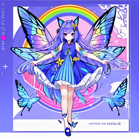 A girl with long hair, fox ears, nine tails, butterfly wings, a blue and white dress with gold stripes, butterflies flying around her. Rainbow butterflies using pink, blue, and purple as the main ones. Her height No shoes, around 18 years old.