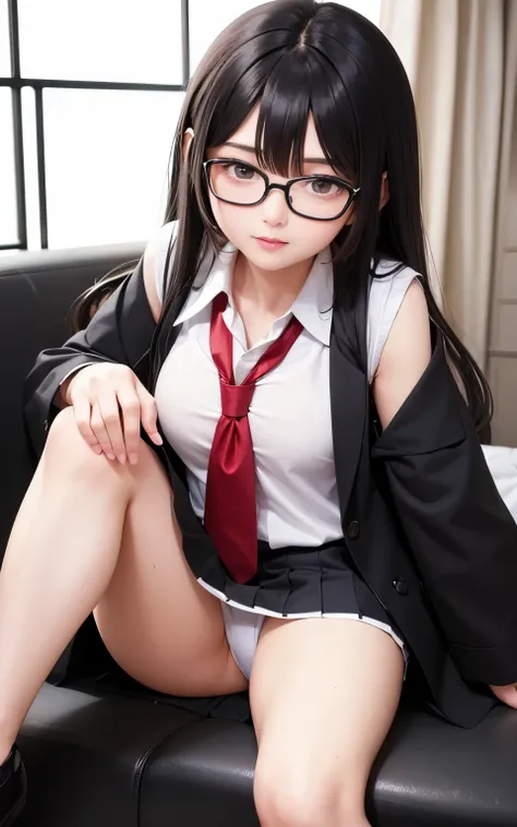 A keen girl, sexy pose , student with glasses, long hair, Japanese high school student uniform, white and black suit uniform , casual style, ultra high Quality potrait, (huge breast:0.10), uncensored concept