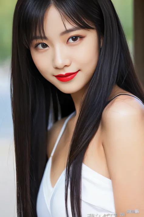 (((Very long black hair 1.3)))　((highest quality)), ((masterpiece)), (thatにget used to that)　((顔のclose-up))　perfect beautiful face　(The most beautiful 18-year-old Japanese gravure idols)　hairstyle(dull bangs)　　ridiculously long hair, black shiny hair, Very...