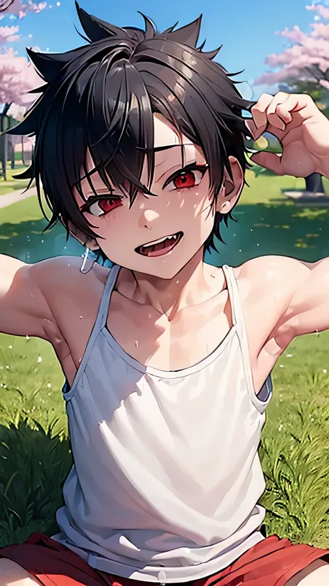 (2 shota:1.5), over size white tank top, (((best quality, masterpiece))), (cerebral palsy:1.5), ((fragile)), ((spiked hair)), wine red eyes, sraised arms, (sky blue short pants), black hair, (sweaty:1.3),  lying down on grass, cherry blossoms, (smiling), o...