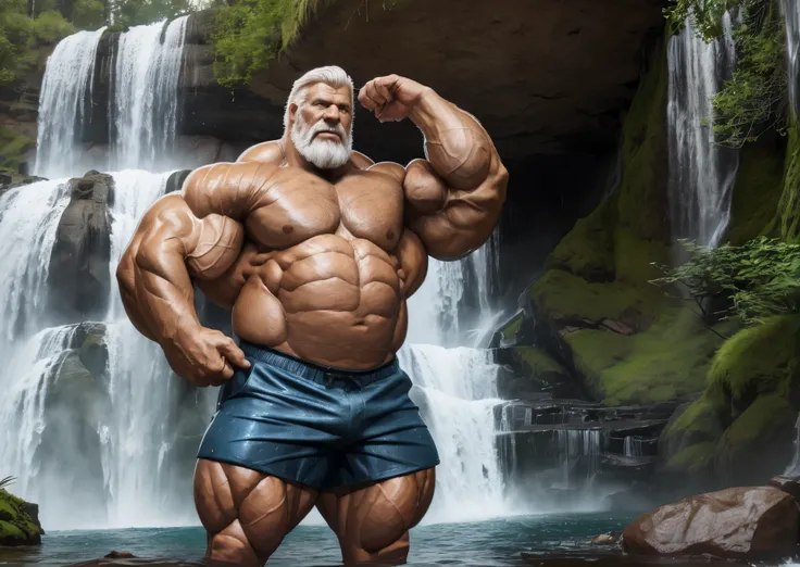 Wide medium shots, ground level camera shot, (best quality,4k,8k,highres,masterpiece:1.2),ultra-detailed,(realistic,photorealistic,photo-realistic:1.37),((massive muscular)) ((huge Muscular)) old man standing in Waterfall, rainbow ,  shorts , white hair, s...