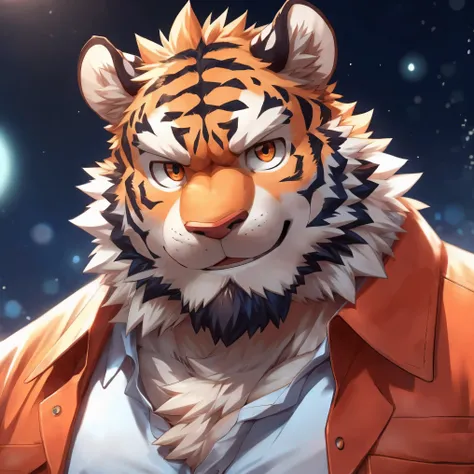 Humanity, Kanno, male, alone, ((round face, Very plump face,Orange Eyes,thick beard)), ((endomorph body type, Handsome)), (Modern shirt), ((domestic Tiger, Tiger) fluffy fur, fluffy), (by the river), Bokeh, (high quality, high resolution, masterpiece), (dy...