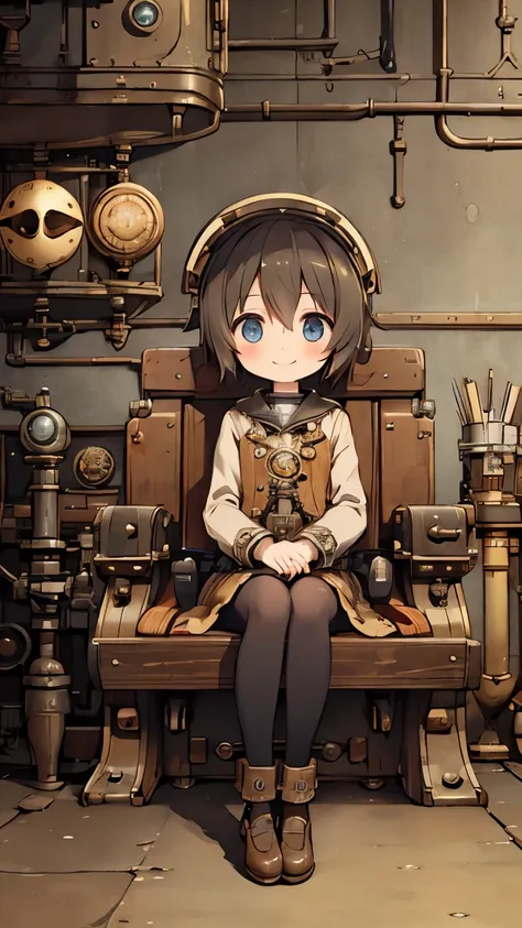 steampunkai。one girl。engineer。i&#39;m sitting in a very small cockpit of a small submarine.。is nervous。smile。