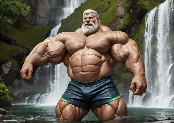 Wide medium shots, ground level camera shot, (best quality,4k,8k,highres,masterpiece:1.2),ultra-detailed,(realistic,photorealistic,photo-realistic:1.37),((massive muscular)) ((huge Muscular)) old man standing in Waterfall, rainbow ,  shorts , white hair, s...