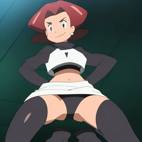 8k, masterpiece,highres, team rocket uniform, red letter r, white skirt,white crop top,black thigh-high boots, black elbow gloves, evil smile, looking down at viewer, hands on hips, cowboy shot, from below, black panties, squatting,anime style, vivid color...