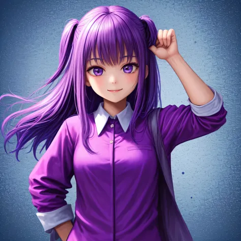 A girl,she wearing uniform,she pose,she smile,purple