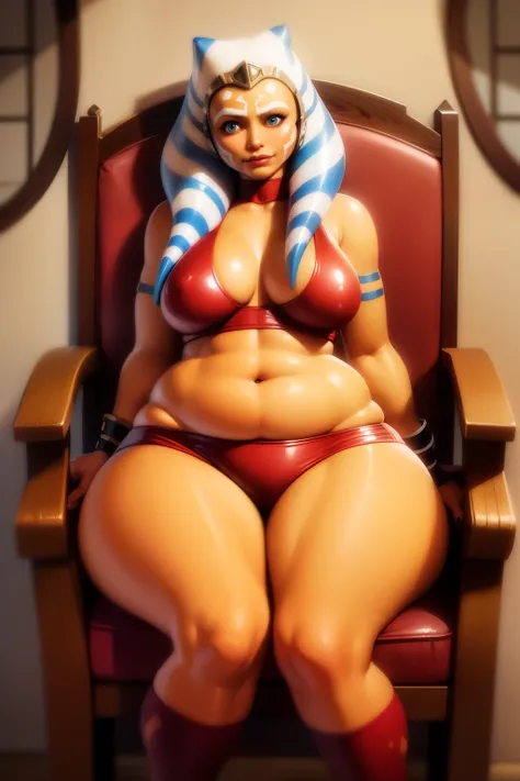 1girl, Ahsoka Tano, orange skin, chubby, adult, curvy, fat, long montrals, long lekku, thick. wide hips, big breasts. chubby belly, curvy, thick thighs. huge breasts. bright orange skin. brown leather revealing armor/clothes. sitting inside a palace, on a ...