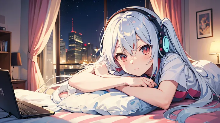 Bedroom, sleep, window, night, Computer, headphones, chuunibyou, 1 girl, Fisheye, very long hair,