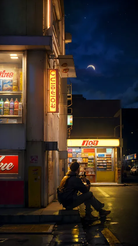 (masterpiece, 最high quality:1.2), (masterpiece, 最high quality:1.2), landscape, convenience store, Late-night convenience store, Young people sitting in front of the store, Young Impulse, alcohol and cigarettes, Unsafe, cinematic,be familiar with, in the at...