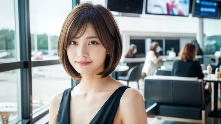 Realistic female beauty salon model,　bob style hairstyle、Inside the airport cafe terrace,　A stylish cafe at the airport