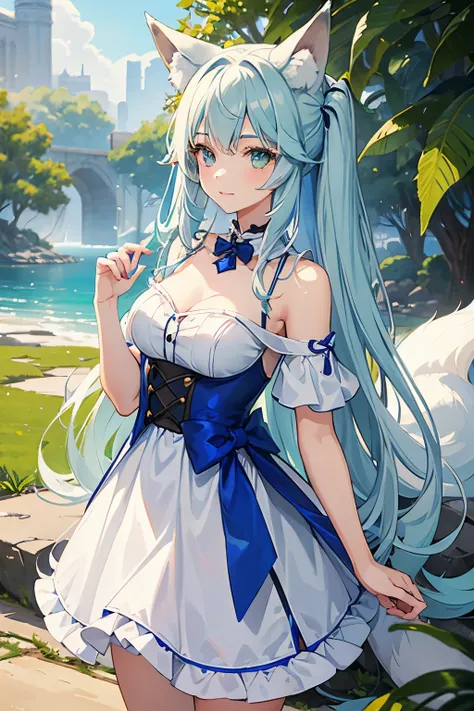 A teenage girl with fox ears and a fox tail, heterochromatic eyes, and a bright blue left eye.、Her right eye is bright green, her hair is long and white, and her clothes are