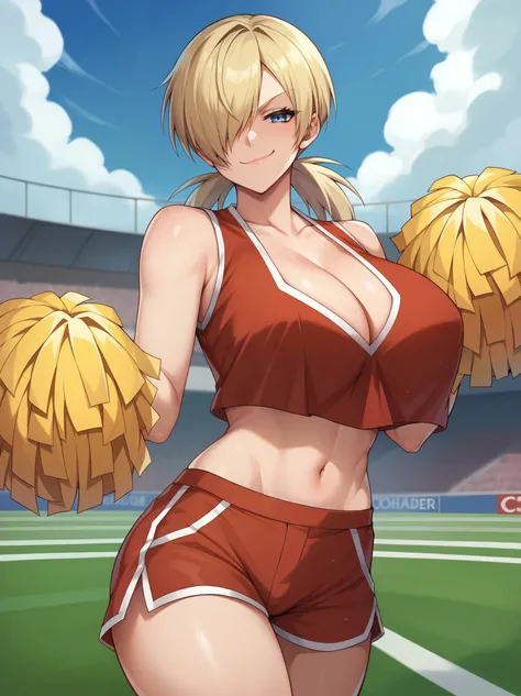 Score_9, score_8_up, score_7_up, 1girl, hellsing, seras victoria, solo, looking at viewer, outdoors, nude, ((cheerlader)), cheerleader clothes, knotted crop top, knotted shirt, huge breasts, hair over one eye, blue eyes, ((smug smirk)), closed mouth, short...