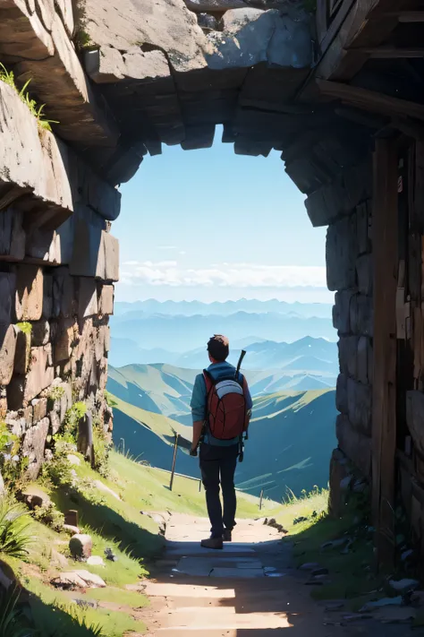 A traveller standing in the top of the mountain 
