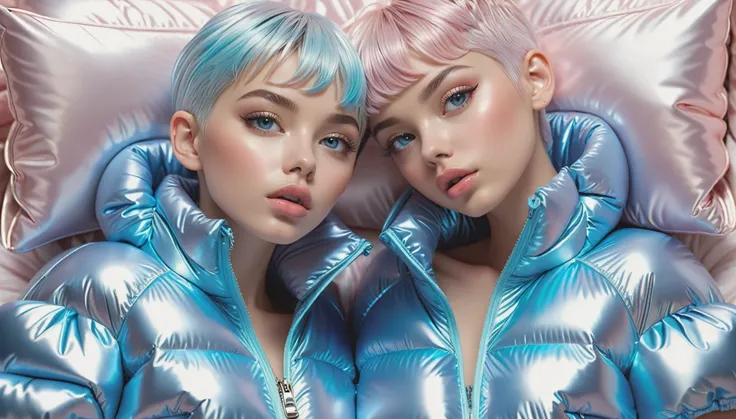 Masterpiece, Best Quality, ((2 cute girls kissing in a light pink blue open shiny puffer, short sleeves, small perky breasts, extremely detailed face, beautiful detailed slightly open eyes, beautiful detailed lips, pixie side shaved hair, small hips, in a ...