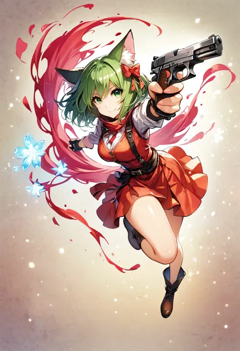 holding a pistol with a firm grip,smiling,full body, 1girl, cat ears, short bob length :1.4 (light green: 1.3),green eyes, thin ...