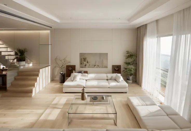 minimalist livingroom interior design, wood floor, rug, luxurious sofa, glass window, glass door, lamp, picture frame, wooden cabinet, white curtain, white ceiling, (masterpiece), realistic, high quality, softlight, natural contrast, scenery,(luxury), stuc...