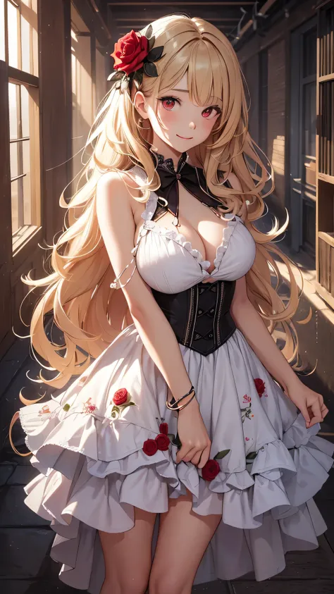 最high quality、best image quality、masterpiece、girl((18-year-old、 By becoming、vest bust、medium bust,wide open breast tea、red glowing eyes, blonde、messy hair、long hair、thin,highest valley、Show the whole body、white dress、long skirt、open chest、White wristband、r...