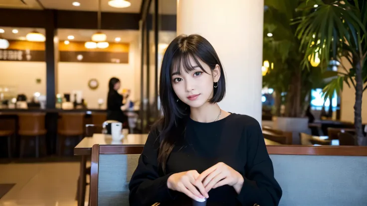 highest quality, masterpiece, ultra high resolution, (realistic:1.4), Raw photo, (18 year old female), At the airport cafe terrace, (An 18-year-old girl, most famous japanese idol, (Before leaving for overseas travel), (very beautiful black hair shortcut),...