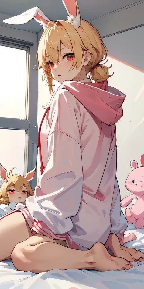 1 boy、lovely、on the bed、There are a lot of stuffed animals、pink、Shota、juvenile、Handsome guy、Rabbit、hoodie、sitting、girl sitting、blonde、red eyes、大きな耳のついたフードhoodie、wearing a hood、not wearing pants、Long side hair、Rabbit ears are growing、Kemo ears、Lop Ear、droop...