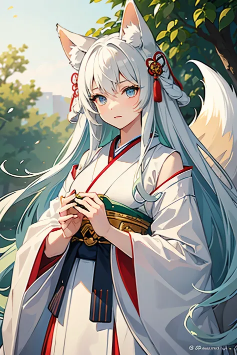 A teenage girl with cream-colored fox ears and a fox tail, heterochromatic eyes, and a bright blue left eye.、Her right eye is bright green, her hair is long and white, and she wears traditional Japanese clothing.