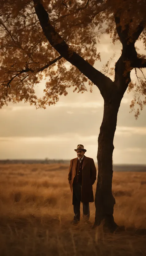 Gabriel Garcia Marquez, in prairie, a tree, autumn