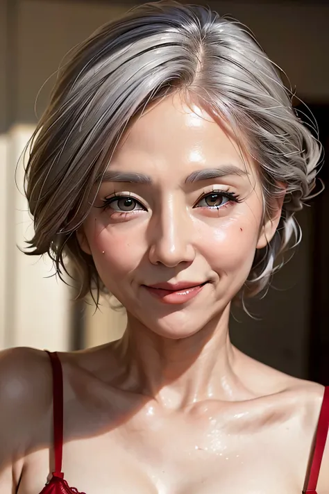 (Masterpiece:1.4),(60-year-old woman:1.4),(Wrinkles on the face1.2),smile,red lingerie,gray hair