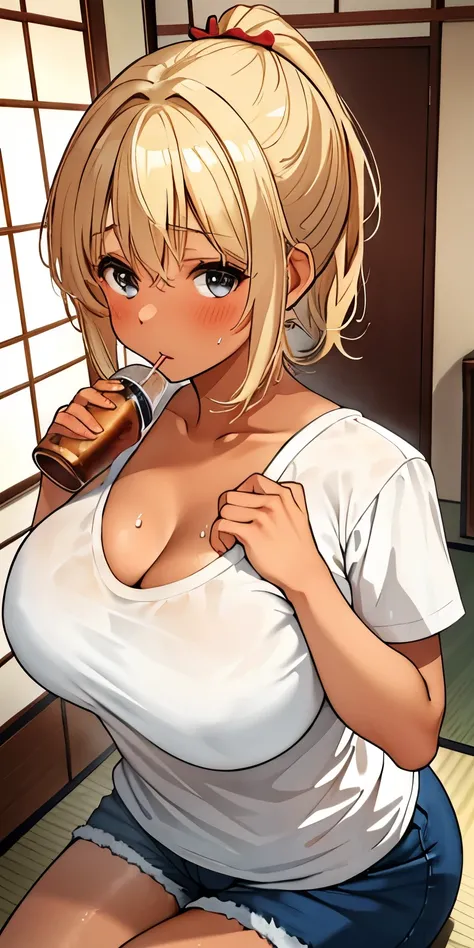 Mature Japanese Woman、short hair、ponytail、(((blonde)))、gal、blondegal、tanned skin、big breasts、sexy、T-shirt appearance、Izakaya、drink alcohol、cheeks are red、nsfw、dimly lit room、shorts、big breastsが見える、shorts、Cleavage is separated、masturbation、sex、sweaty