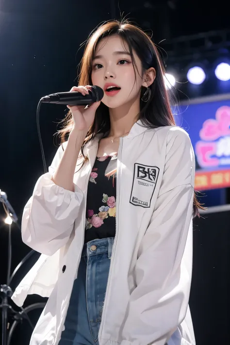 masterpiece, best quality, 8 thousand, 24 years old, photo beast, absurd, award-winning portraits, pure, korean beauty, spring, stage with electronic display, laces, cute, right, healthy, Beloved, perfect hands, A girl singing while holding a microphone in...