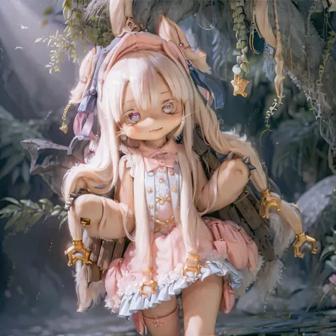 in the garden, smiling girl, Similar to Nanachi from Made in Abyss. she is beautiful, fine eyes and lips. The girl is (((chibi style,))) . Image quality is top quality, With highly detailed and realistic features. The artwork medium is a combination of ill...