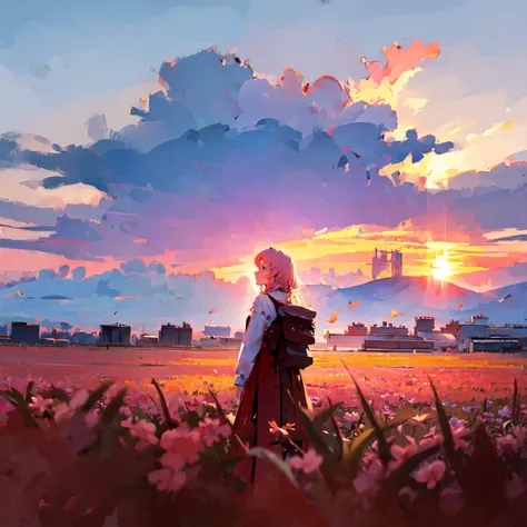 girl standing in field, closeup, portrait, clouds, sunrise