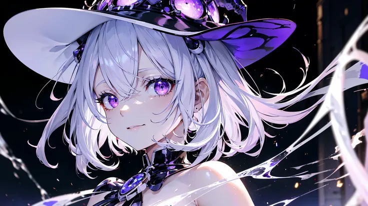 (masterpiece,best quality,ultra-detailed),1girl,smirk, insect body,(blood), (white body beetle creature), white (beetle creature body), beautiful and detailed face, detailed eyes,white and purple hair, glowing eyes,(grey theme),witch hat,hallowen outfit,in...