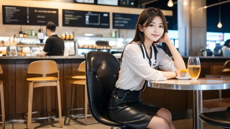 one girl, (beautiful girl, delicate girl:1.3), (23 years old:1.3),Waiting for the flight at the airport cafe terrace, Before leaving for overseas travel
