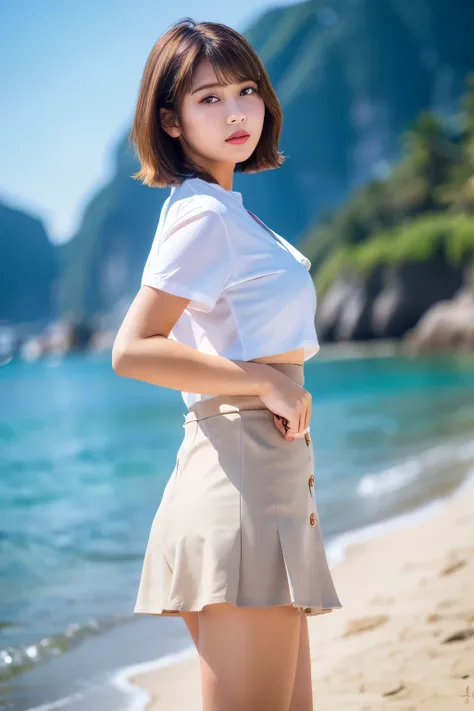 (Raw photo, highest quality), (realistic, Photo realistic: 1.3), highest quality, very detailed,8k RAW photo, highest quality, masterpiece, ultra high resolution, 3D, realistic, 1 girl, ((Pretty woman walking on the beach))、Walking towards the audience、((p...