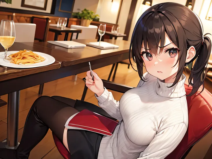 (masterpiece、highest quality、High resolution、realistic pictures、real looking skin:1.1)、
(A woman is sitting at a table in a pasta restaurant:1.8)、
(She is glaring at me and is angry.:1.8)、
(She is wearing a wine red long sleeve turtleneck knit mini dress:1...