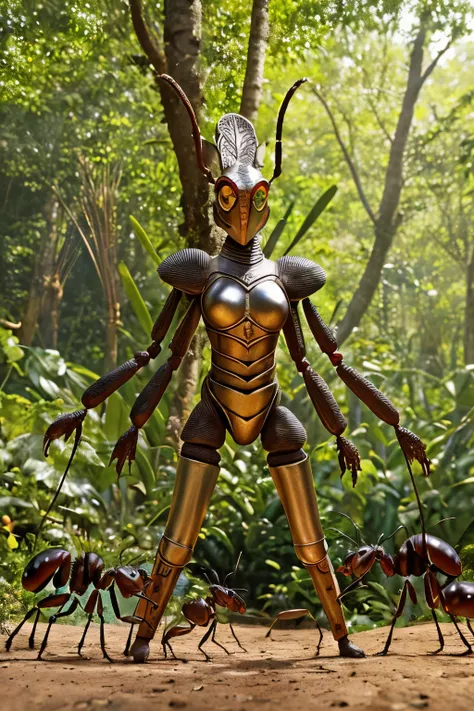 Enchanting scene of ants in medieval armor, meticulously crafted exoskeletons glistening, high-definition detail, bustling ant colony in the background, lush green forest, golden sunlight filtering through the trees, ultra-high-resolution, hyper-realistic,...