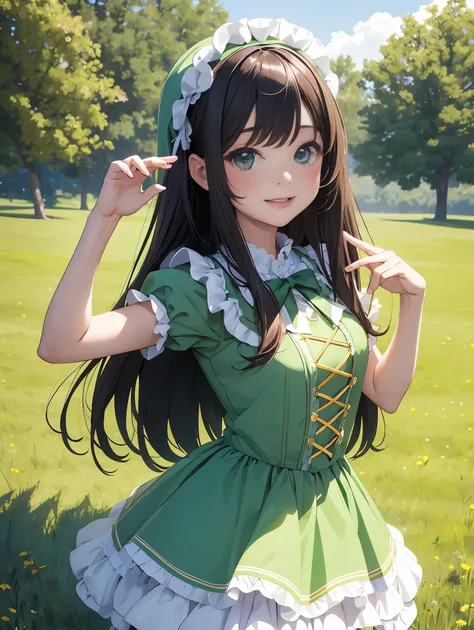 top-quality、​8K Masterpiece、Draw the face in detail、1 childish girl、Lolita costume、kawaii pose、professional lighting、Happy expression、Shiny hair、perfect anatomy、In a green meadow