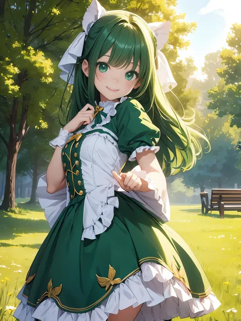 top-quality、​8K Masterpiece、Draw the face in detail、1 childish girl、Lolita costume、kawaii pose、professional lighting、Happy expression、Shiny hair、perfect anatomy、In a green meadow