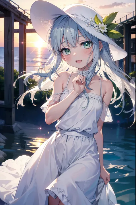 index, index, (green eyes:1.5), silver hair, long hair, (flat chest:1.2),white hat,白色ロングskirt一体型ワンピース,barefoot,skirt,naked neck,...