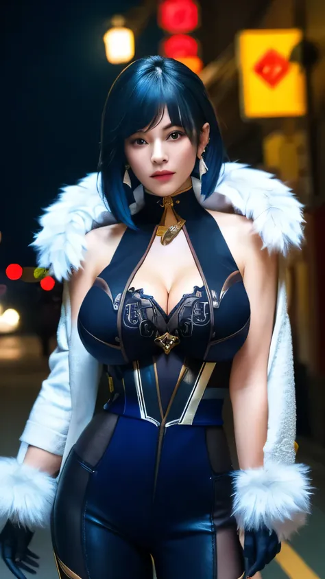 (4k,masterpiece, high resolution, best quality:2, breathtaking, ultra detailed:1.4),A cool female in the street at night,Yelan,yelan,1girl,breasts,yelan (genshin impact),solo,gloves,short hair,looking at viewer,large breasts,fur trim,blue hair,jewelry,clea...