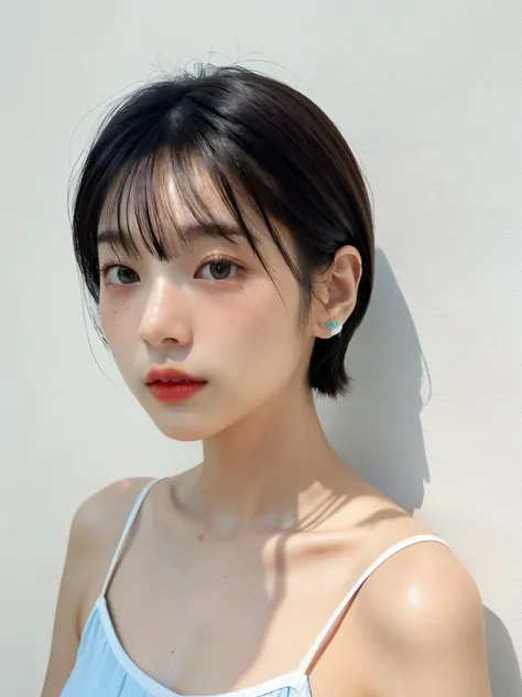 see-through tops、、camisole、(背景にwhite wall、Some of her hair is sky blue:1.4)、white wall、Taken in front of the white door、(窓のあるwhite wallの部屋)、((highest quality、8K、masterpiece:1.3))、ultra high resolution、(photogenuineistic:1.4)、RAW photo、Japanese,(face)、genui...