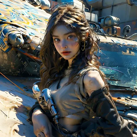 ((best quality)), ((masterpiece)), (detailed), perfect face, young girl, mad max worlds, arid desert, large breast, holding riffle, standing tall