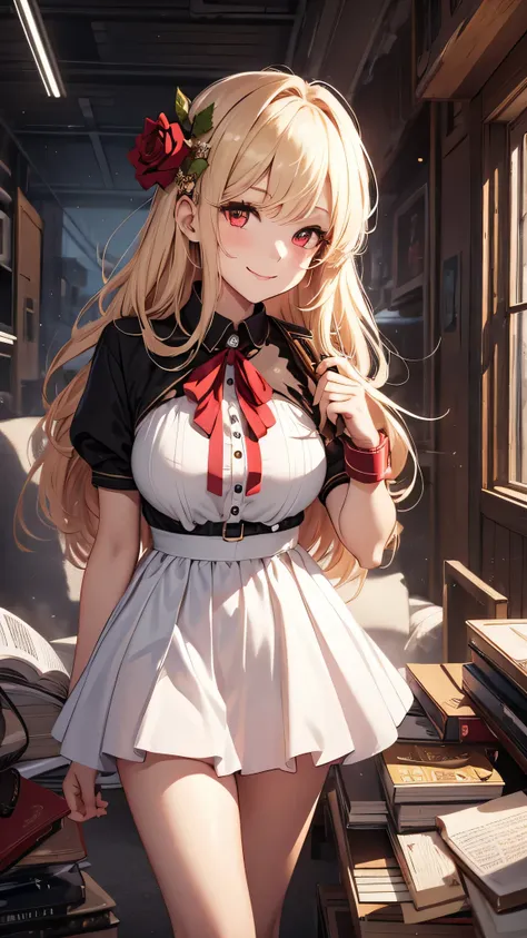 最high quality、best image quality、masterpiece、girl((18-year-old、 By becoming、vest bust、medium bust,wide open breast tea、red glowing eyes, blonde、messy hair、long hair、thin,highest valley、Show the whole body、white dress、long skirt、open chest、White wristband、r...