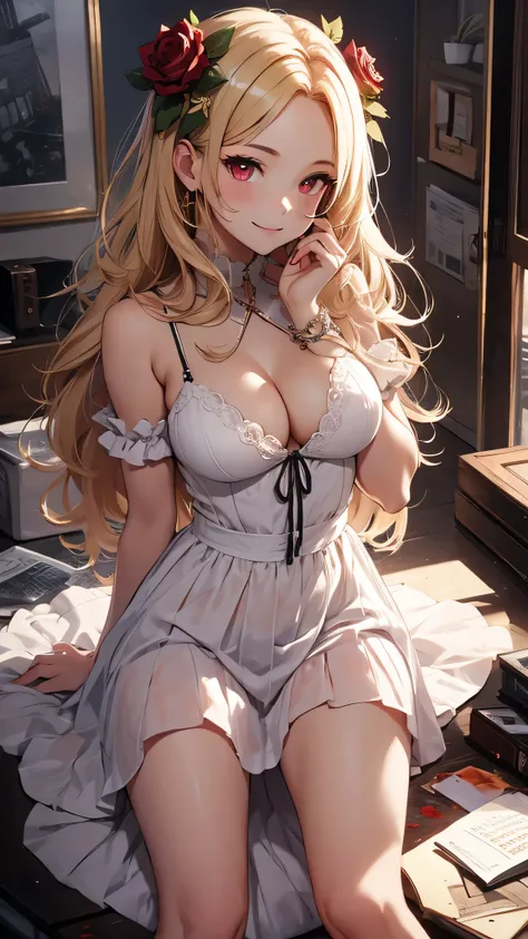 最high quality、best image quality、masterpiece、girl((18-year-old、 By becoming、vest bust、medium bust,wide open breast tea、red glowing eyes, blonde、messy hair、long hair、thin,highest valley、Show the whole body、white dress、long skirt、open chest、White wristband、r...