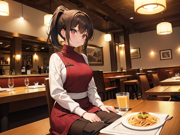 (masterpiece、highest quality、High resolution、realistic pictures、real looking skin:1.1)、
(A woman is sitting at a table in a pasta restaurant:1.8)、
(She is glaring at me and is angry.:1.8)、
(She is wearing a wine red long sleeve turtleneck knit mini dress:1...