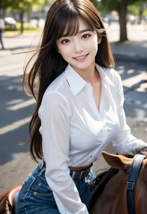 (masterpiece, best quality:1.1), (8k, raw photo, photo realistic:1.2, f22), (shiny skin), detailed skin, long hair,detailed face, detailed eyes, smile,BREAK, real world, intricate details, smil, BREAK, 1girl, (white shirt), BREAK, (horse riding:1.4), BREAK