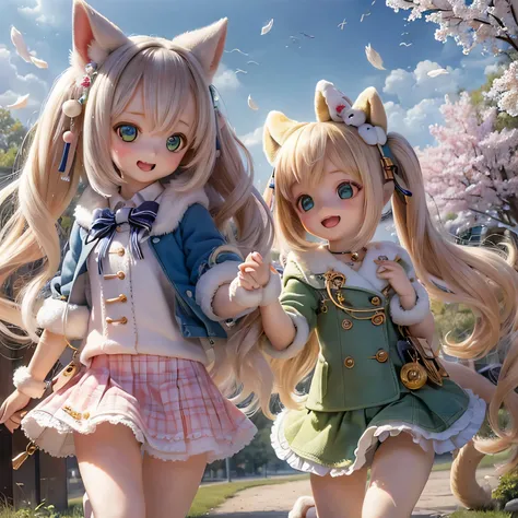 best quality,ultra-detailed,realistic,portrait,stylized,pastel colors,sunlight,green garden,cute expression,shiny eyes,fluffy fur,girls running in a field,playful atmosphere,cherry blossom trees,flying petals,loose hair,smiling faces,small ears and tail,sh...