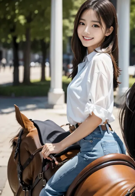 (masterpiece, best quality:1.1), (8k, raw photo, photo realistic:1.2, f22), (shiny skin), detailed skin, long hair,detailed face, detailed eyes, smile,BREAK, real world, intricate details, smil, BREAK, 1girl, (white shirt), BREAK, (horse riding:1.4), BREAK